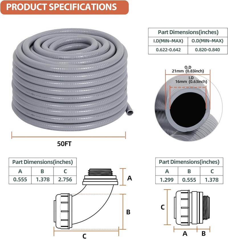 Neorexon Liquid-Tight Conduit 50 ft and 10 Pieces of Connector Kit, Electrical Conduit 1/2 50ft w/UL Certification, Flexible Conduit with 5 Straight and 5 90-Degree Conduit Connector Fittings - Image 2